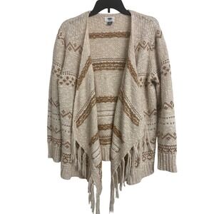 Old Navy Large Boho Tan Cream Knit‎ Aztec  Fringe Open Front Cardigan Sweater